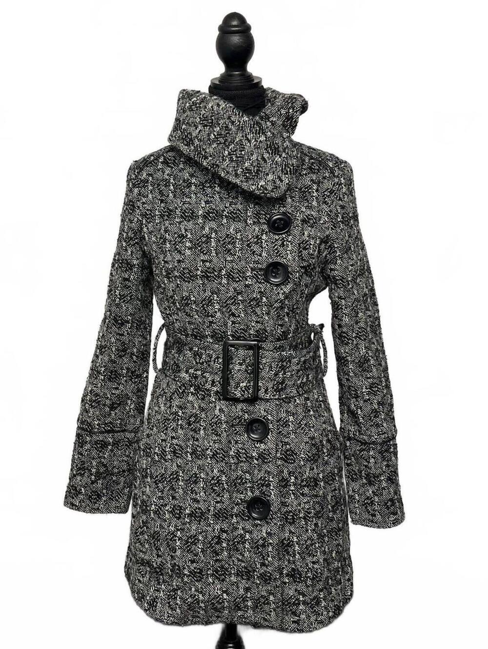Vintage Bedo Femme Black White Houndstooth Wool Blend Belted Coat Sz S